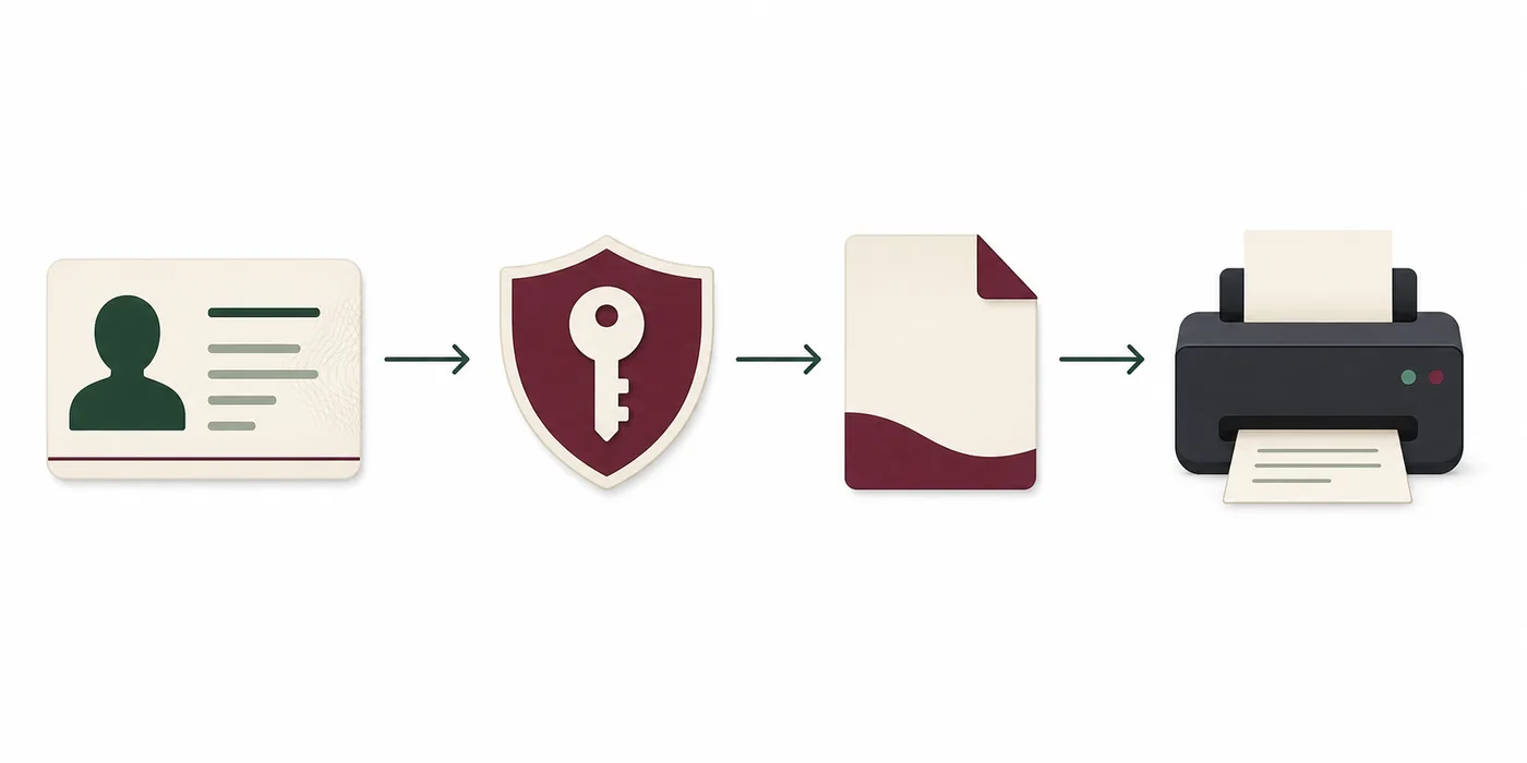Flujo de identificación, acceso seguro, archivo digital e impresión