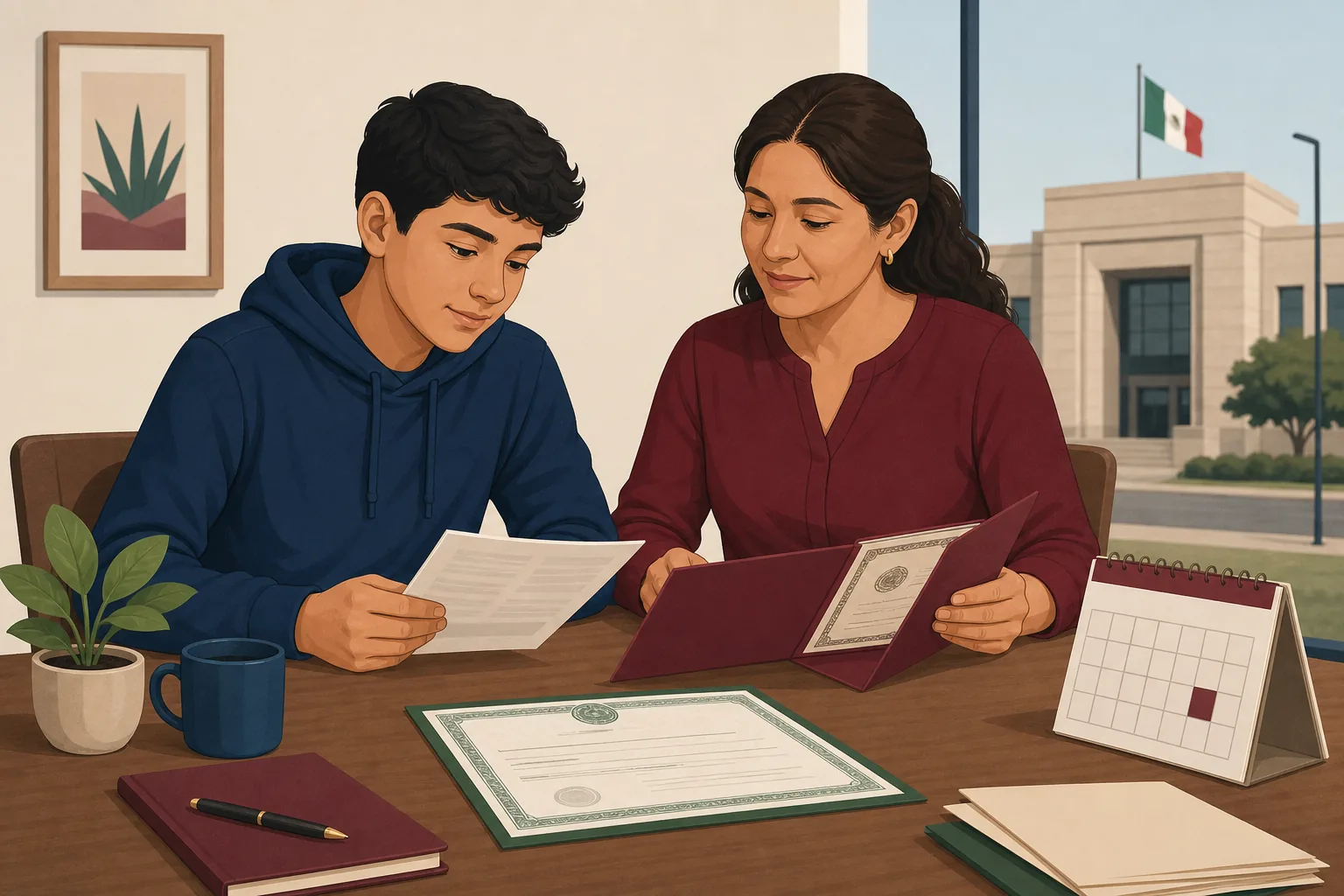 Madre y adolescente revisando documentos para tramitar el RFC